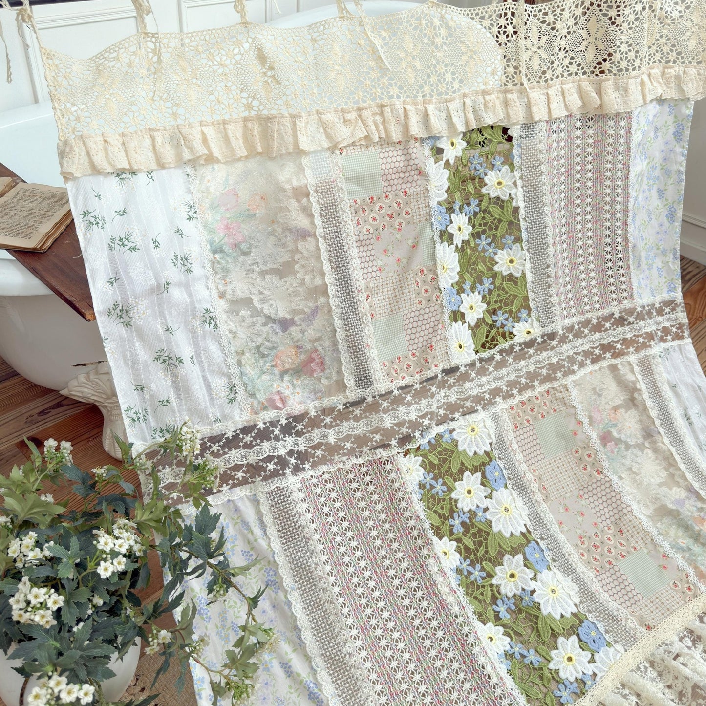 Green Embroidery Floral Vintage Patchwork Curtain - UDreamHome