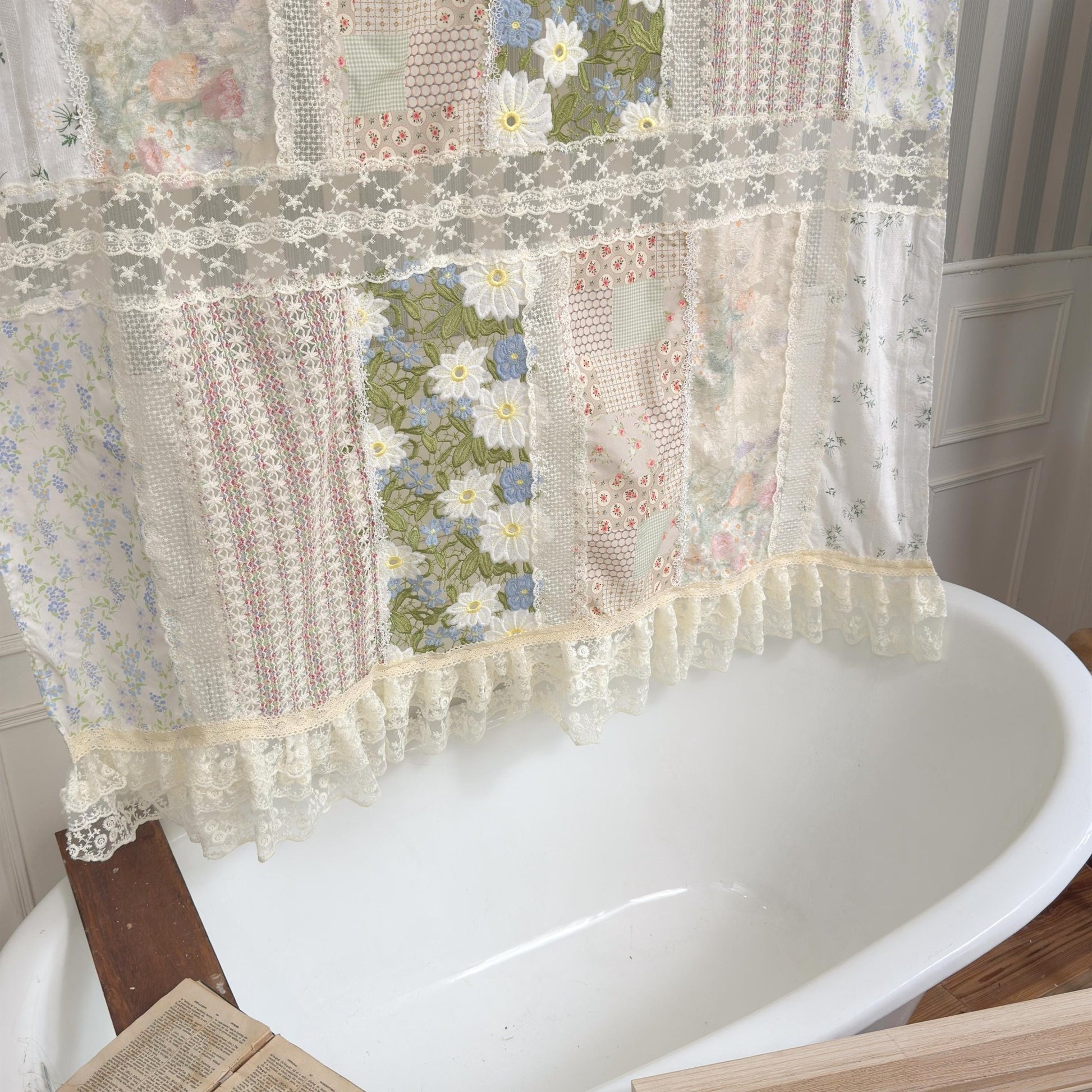 Green Embroidery Floral Vintage Patchwork Curtain - UDreamHome