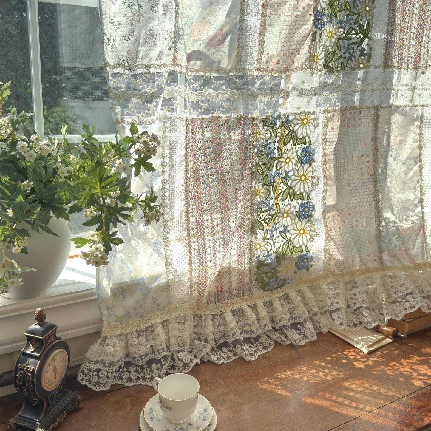 Green Embroidery Floral Vintage Patchwork Curtain - UDreamHome