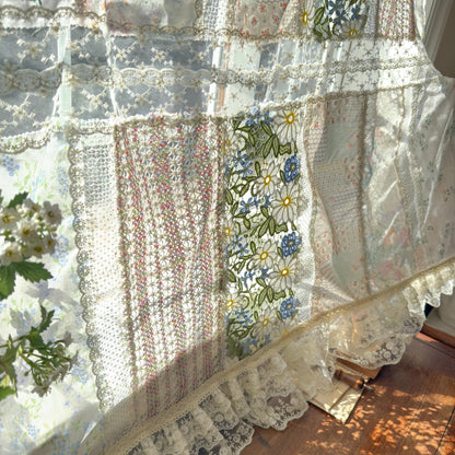 Green Embroidery Floral Vintage Patchwork Curtain - UDreamHome