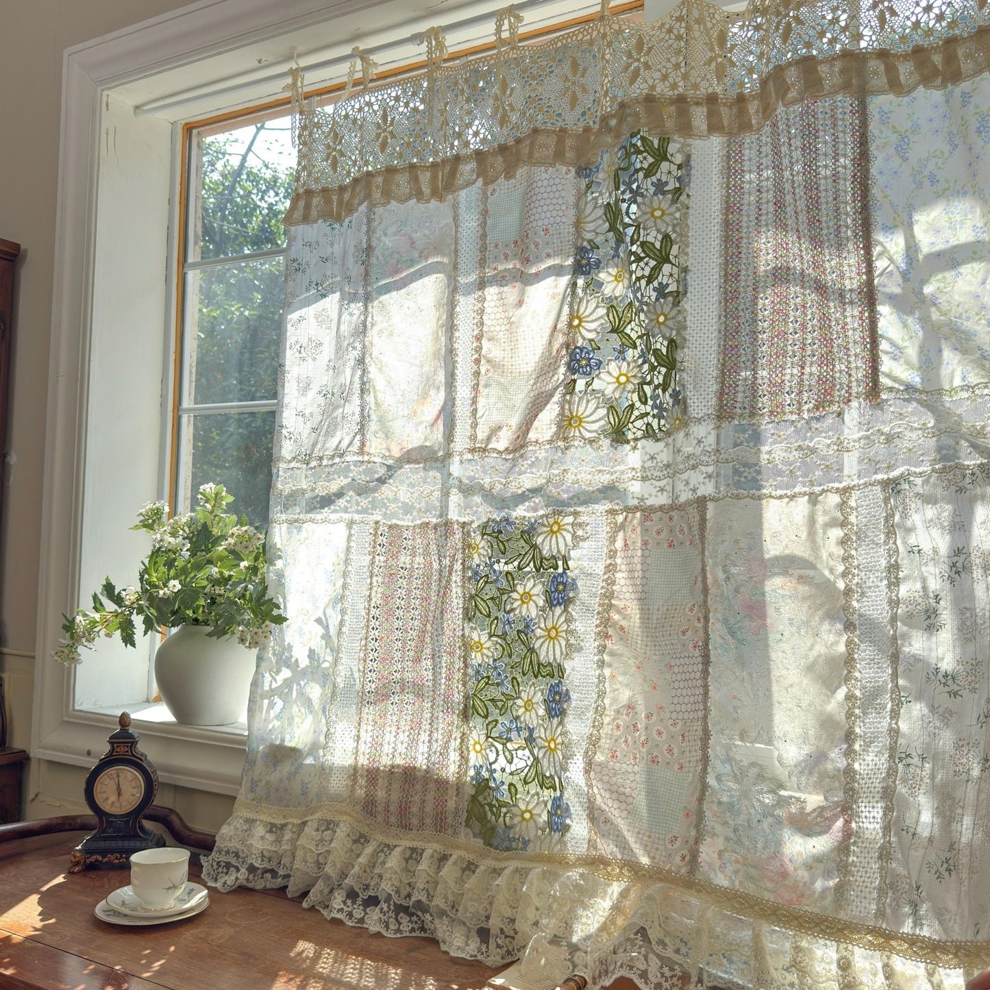 Green Embroidery Floral Vintage Patchwork Curtain - UDreamHome