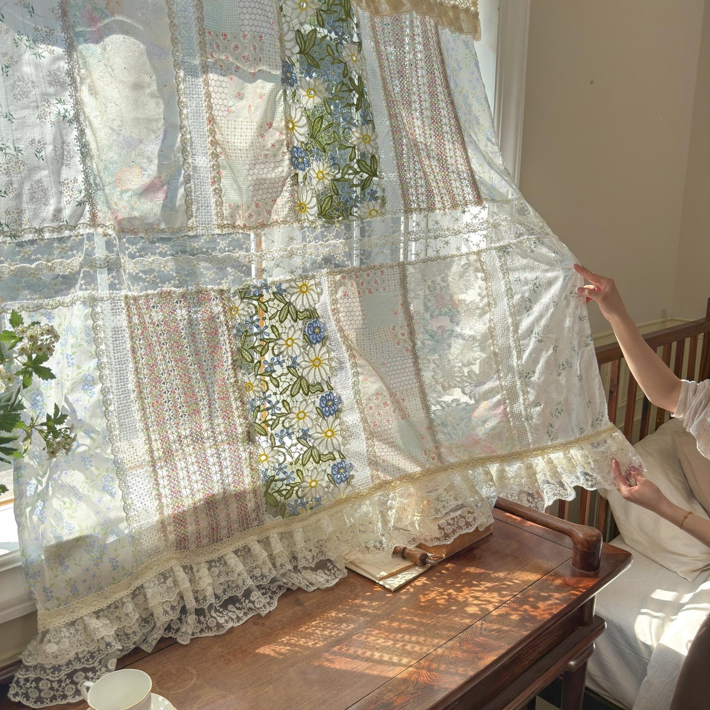 Green Embroidery Floral Vintage Patchwork Curtain - UDreamHome