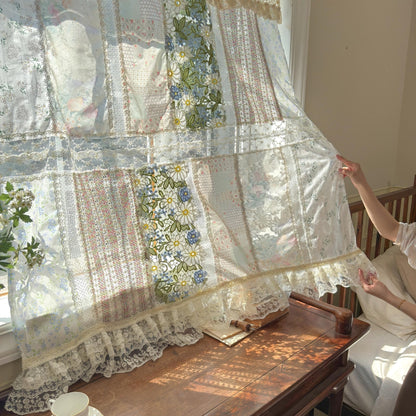 Green Embroidery Floral Vintage Patchwork Curtain - UDreamHome
