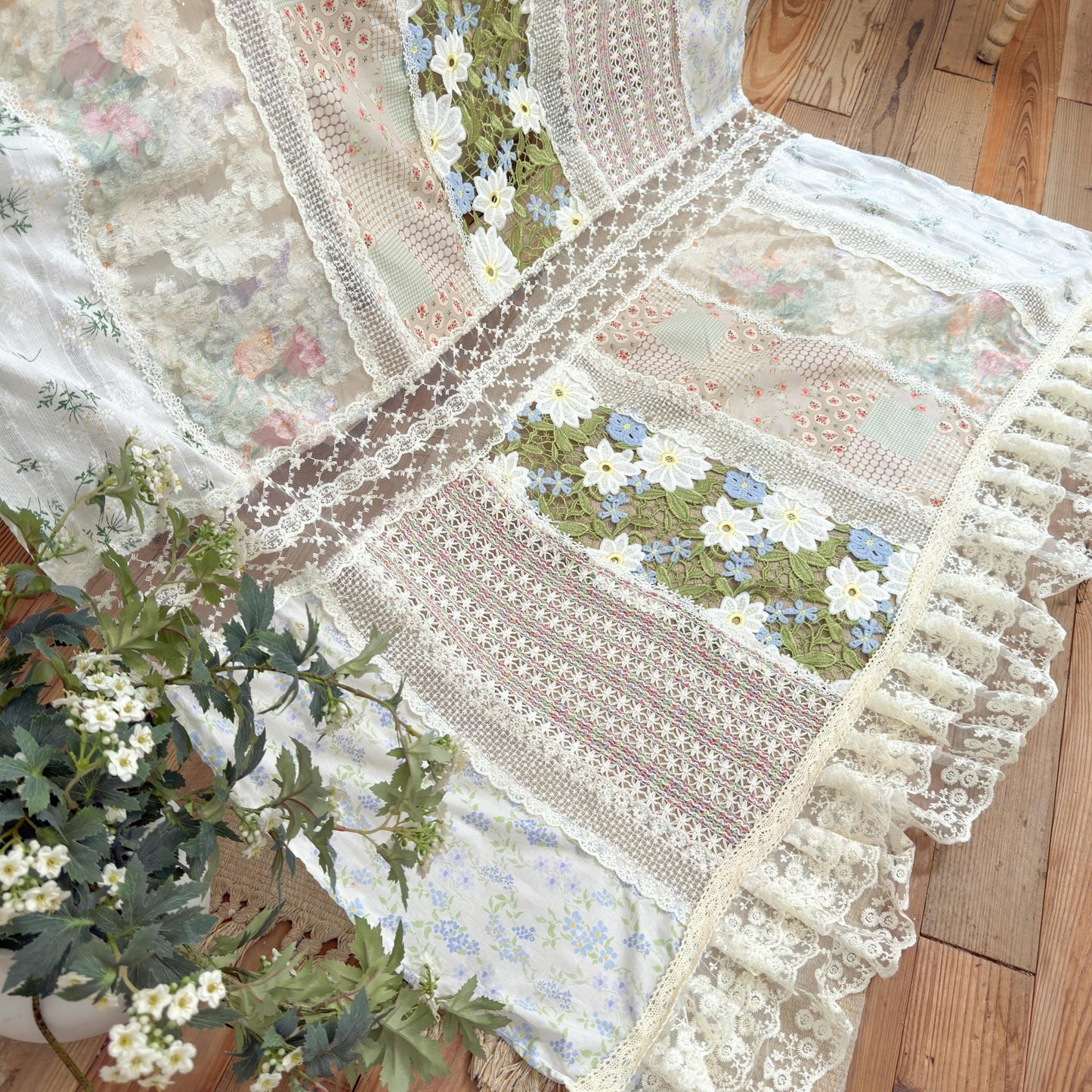 Green Embroidery Floral Vintage Patchwork Curtain - UDreamHome