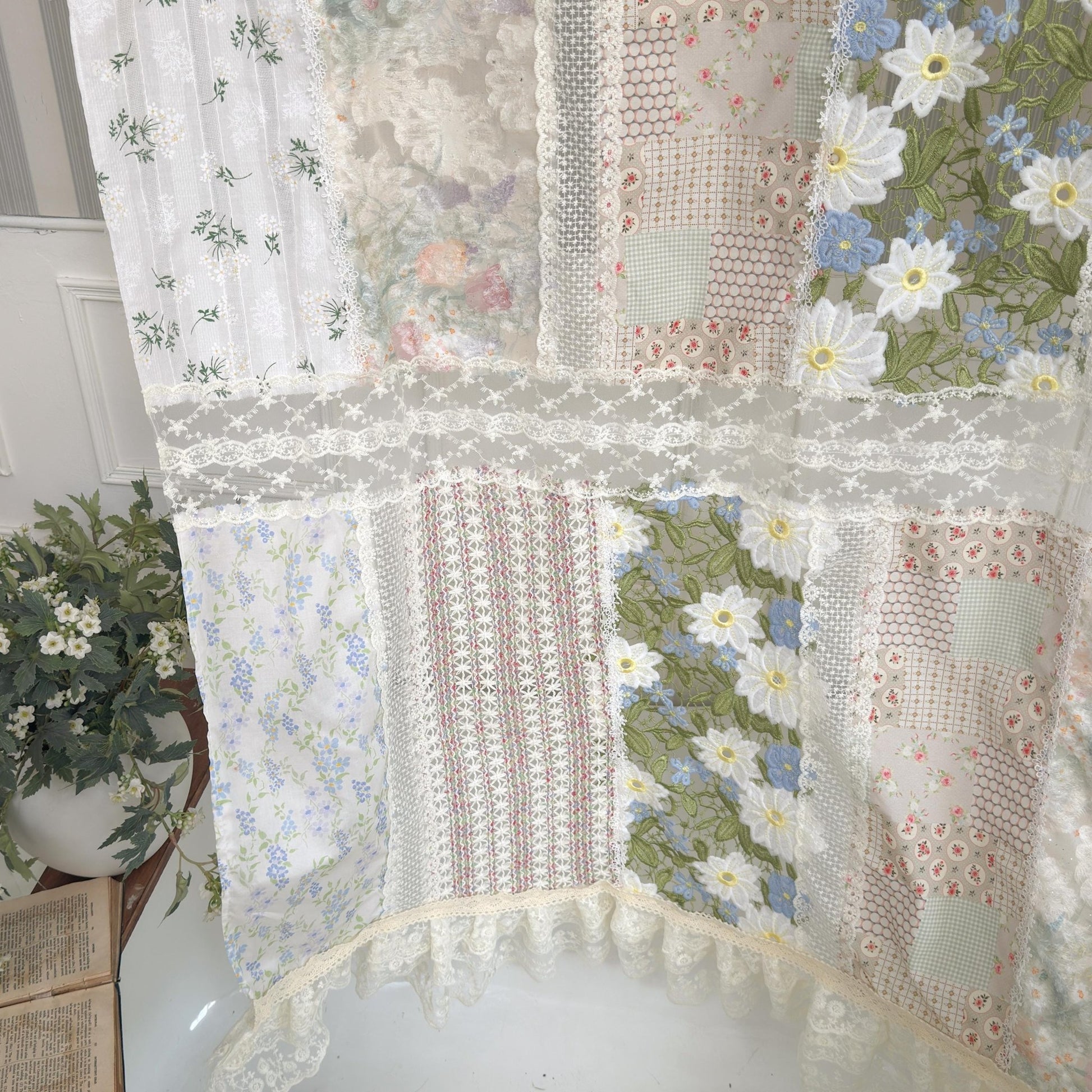 Green Embroidery Floral Vintage Patchwork Curtain - UDreamHome
