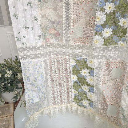 Green Embroidery Floral Vintage Patchwork Curtain - UDreamHome