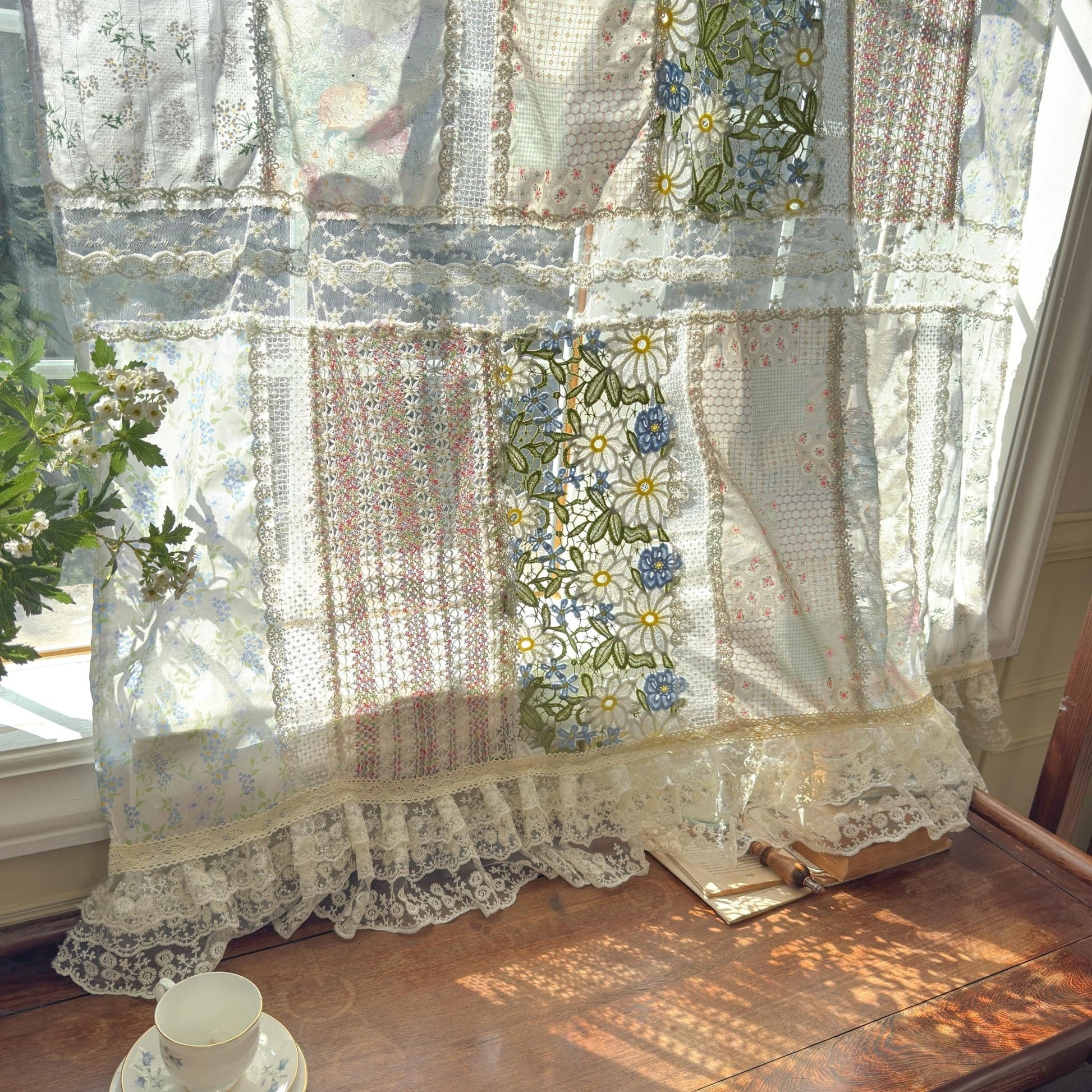 Green Embroidery Floral Vintage Patchwork Curtain - UDreamHome