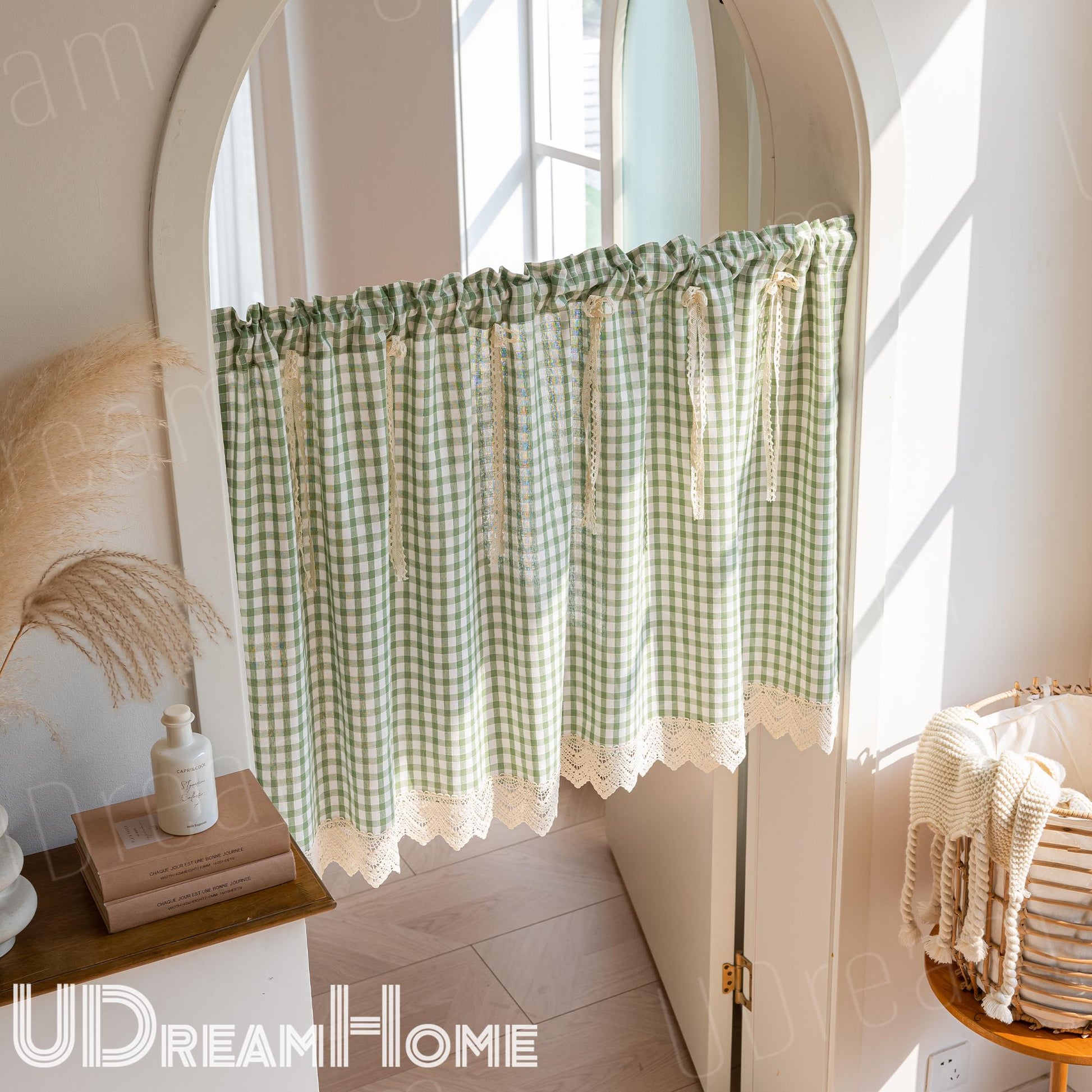Green Gingham Cafe Curtains Valances with Lace - UDreamHome