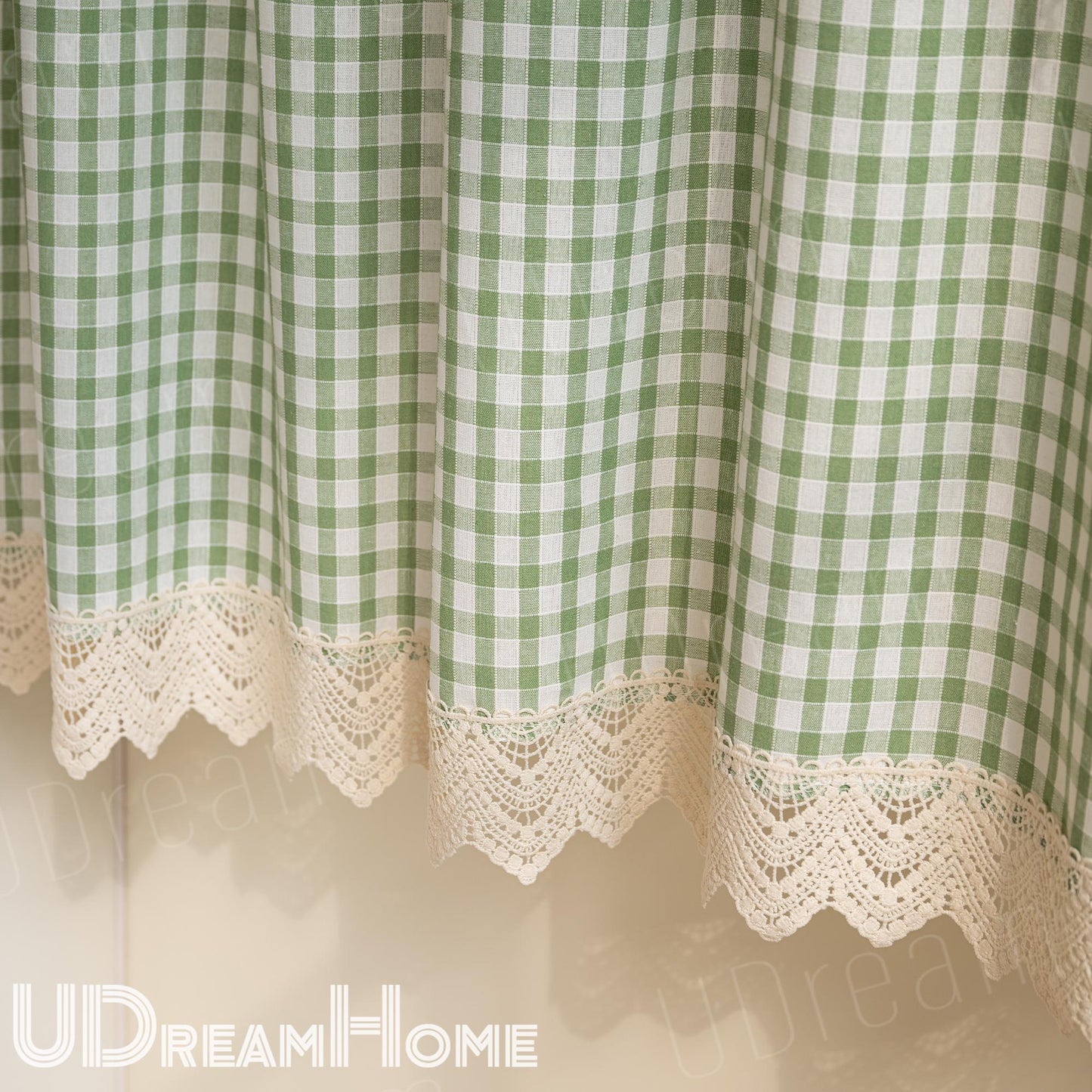Green Gingham Cafe Curtains Valances with Lace - UDreamHome