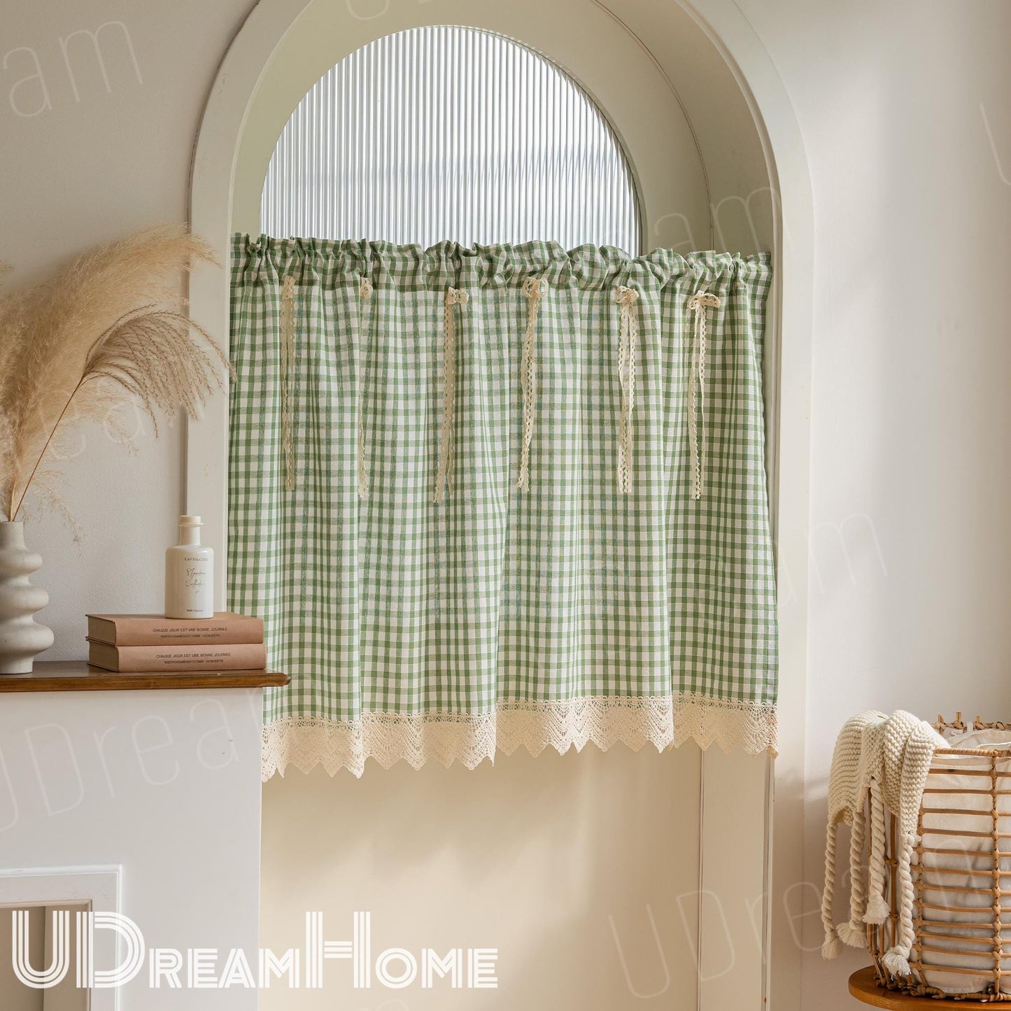 Green Gingham Cafe Curtains Valances with Lace - UDreamHome