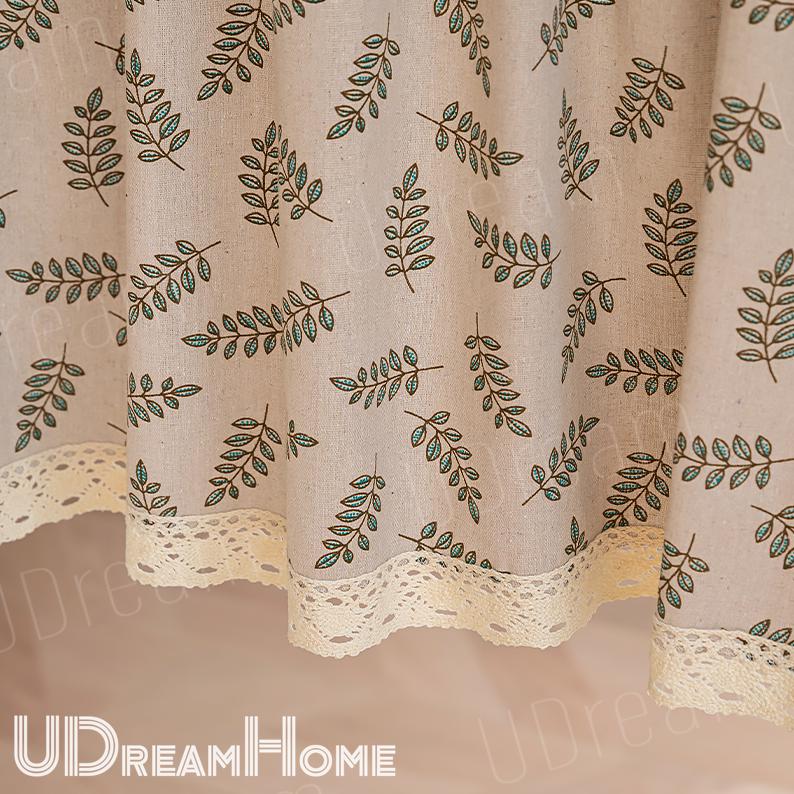Green Leaf Print Cotton Linen Curtain: Rustic Farmhouse Decor - UDreamHome