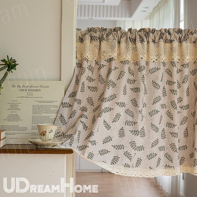 Green Leaf Print Cotton Linen Curtain: Rustic Farmhouse Decor - UDreamHome
