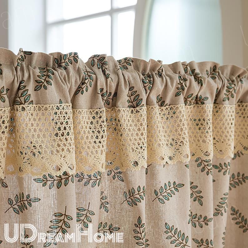 Green Leaf Print Cotton Linen Curtain: Rustic Farmhouse Decor - UDreamHome
