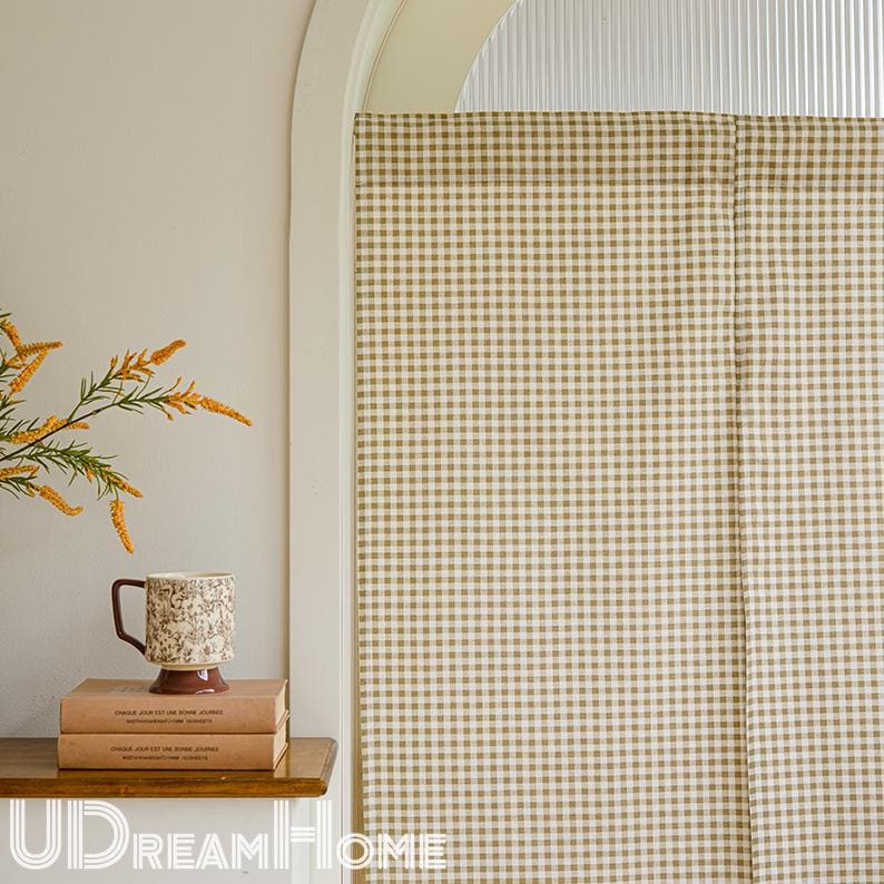Green Plaid Cotton Linen Noren Curtain: Japanese Doorway Drape - UDreamHome