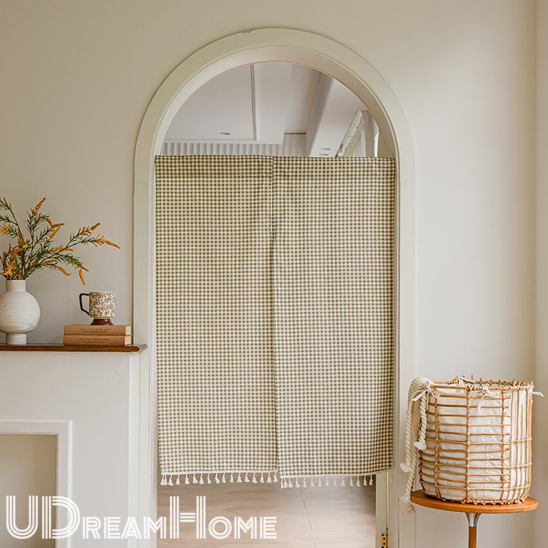 Green Plaid Cotton Linen Noren Curtain: Japanese Doorway Drape - UDreamHome
