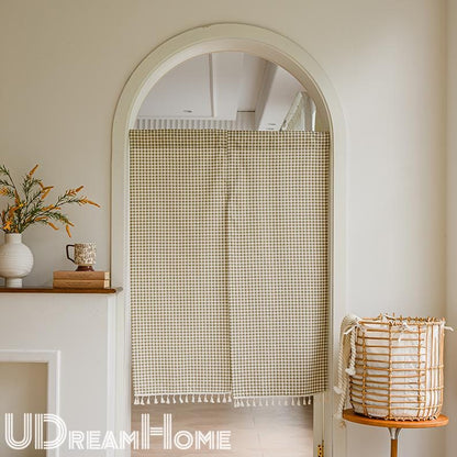 Green Plaid Cotton Linen Noren Curtain: Japanese Doorway Drape - UDreamHome