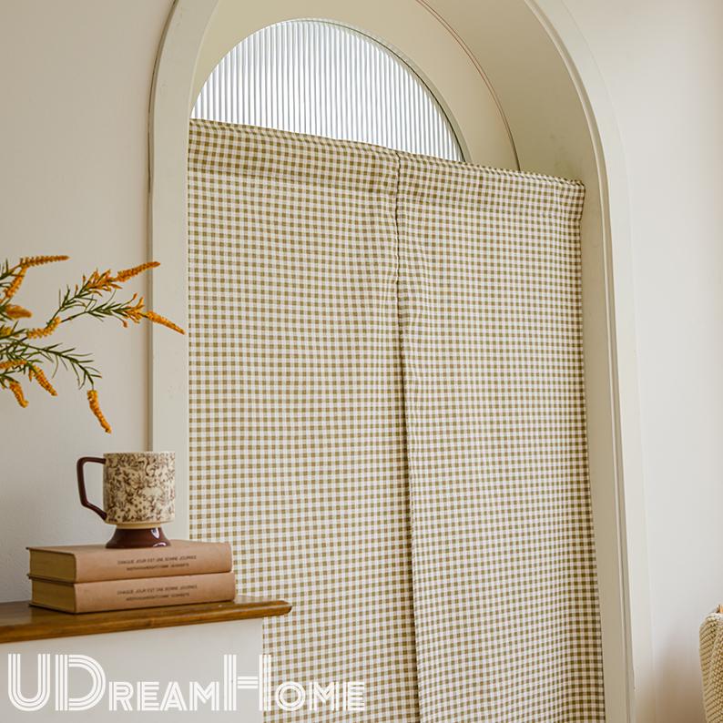 Green Plaid Cotton Linen Noren Curtain: Japanese Doorway Drape - UDreamHome