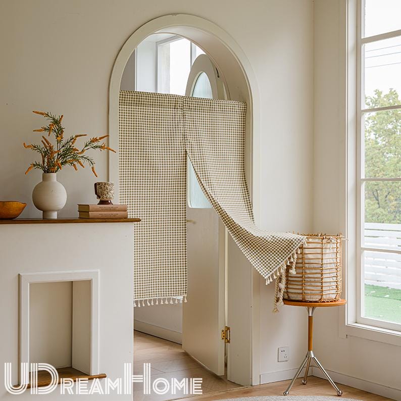 Green Plaid Cotton Linen Noren Curtain: Japanese Doorway Drape - UDreamHome