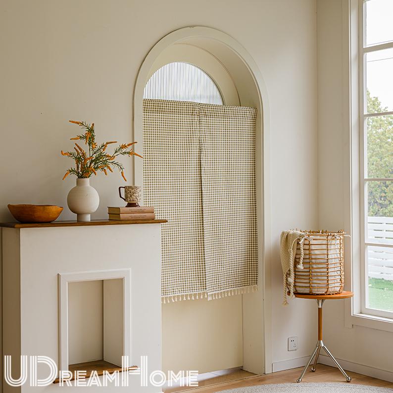 Green Plaid Cotton Linen Noren Curtain: Japanese Doorway Drape - UDreamHome