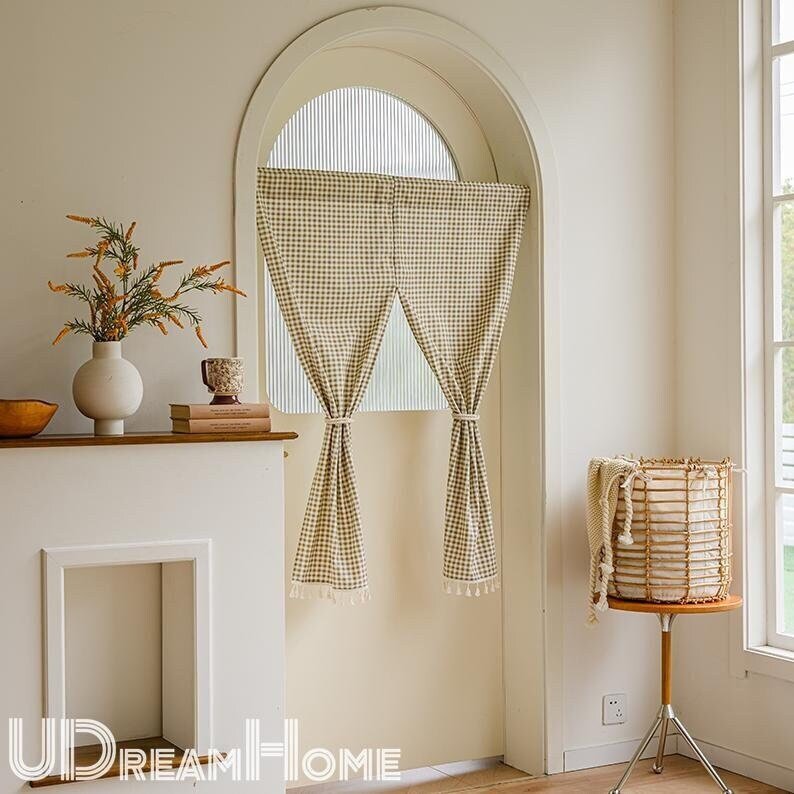 Green Plaid Cotton Linen Noren Curtain: Japanese Doorway Drape - UDreamHome