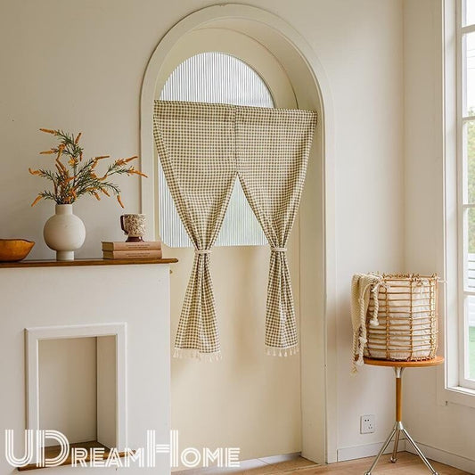 Green Plaid Cotton Linen Noren Curtain: Japanese Doorway Drape - UDreamHome