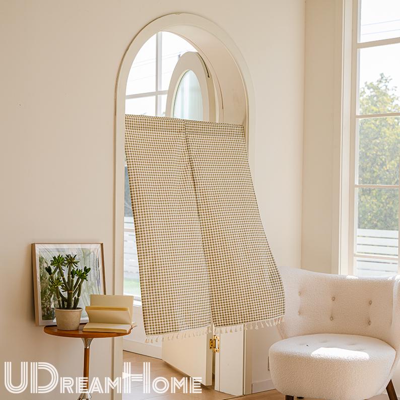 Green Plaid Cotton Linen Noren Curtain: Japanese Doorway Drape - UDreamHome