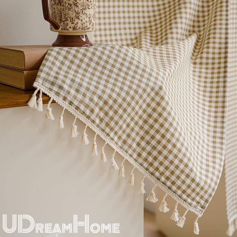 Green Plaid Cotton Linen Noren Curtain: Japanese Doorway Drape - UDreamHome