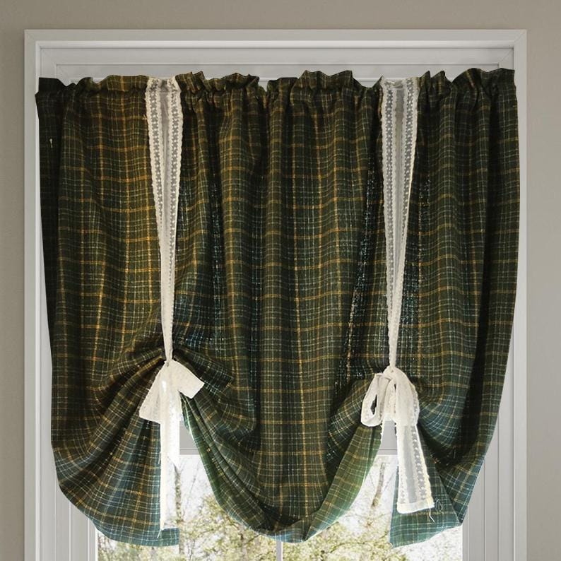 Green Plaid Tie Up Valance: Farmhouse Kitchen Curtain - UDreamHome
