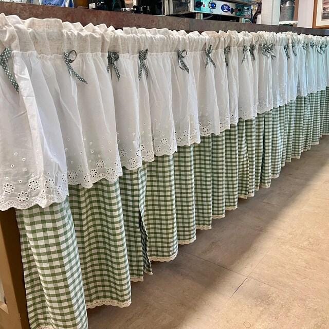 Green White Grid Embroidery Lace Flower Half Curtains - UDreamHome