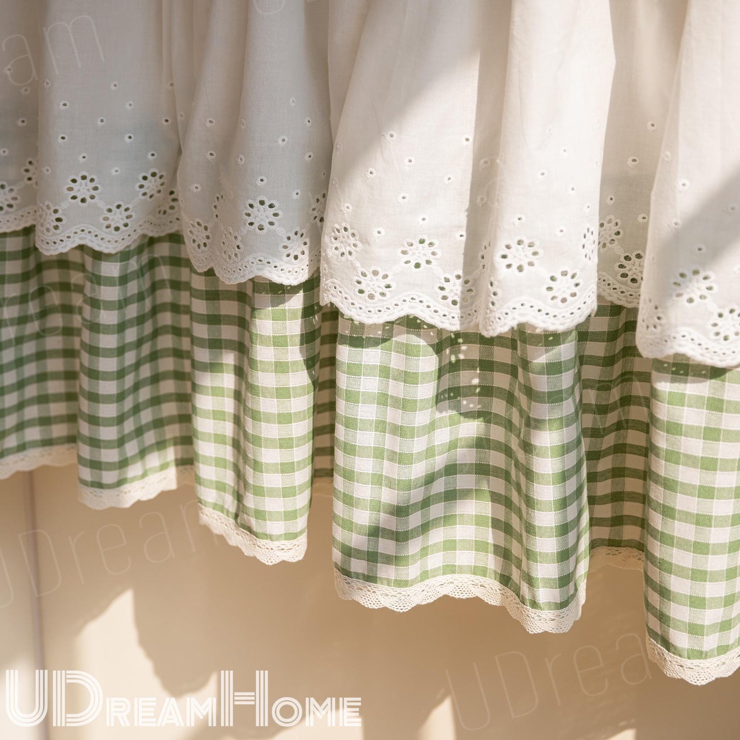 Green White Grid Embroidery Lace Flower Half Curtains - UDreamHome