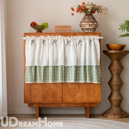 Green White Grid Embroidery Lace Flower Half Curtains - UDreamHome