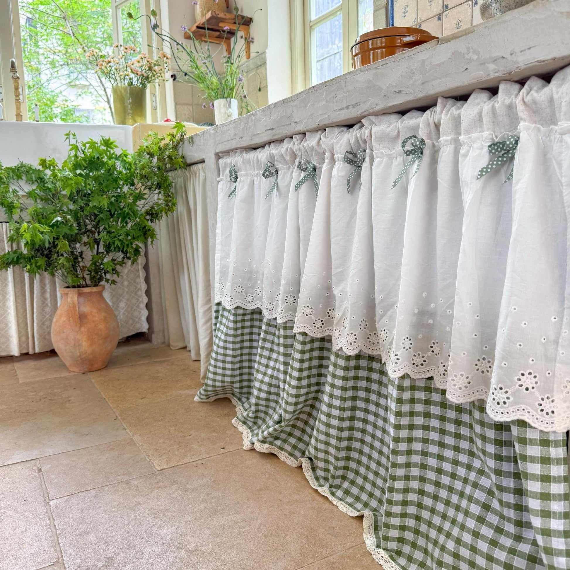 Green White Grid Embroidery Lace Flower Half Curtains - UDreamHome