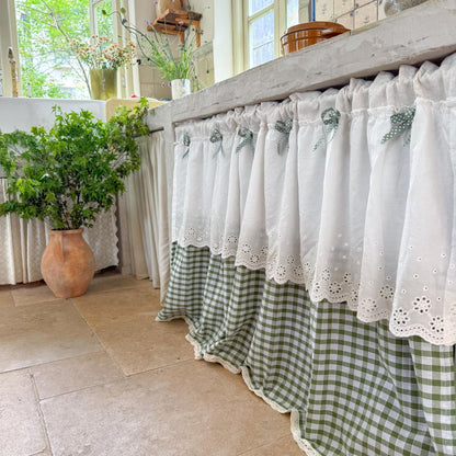 Green White Grid Embroidery Lace Flower Half Curtains - UDreamHome