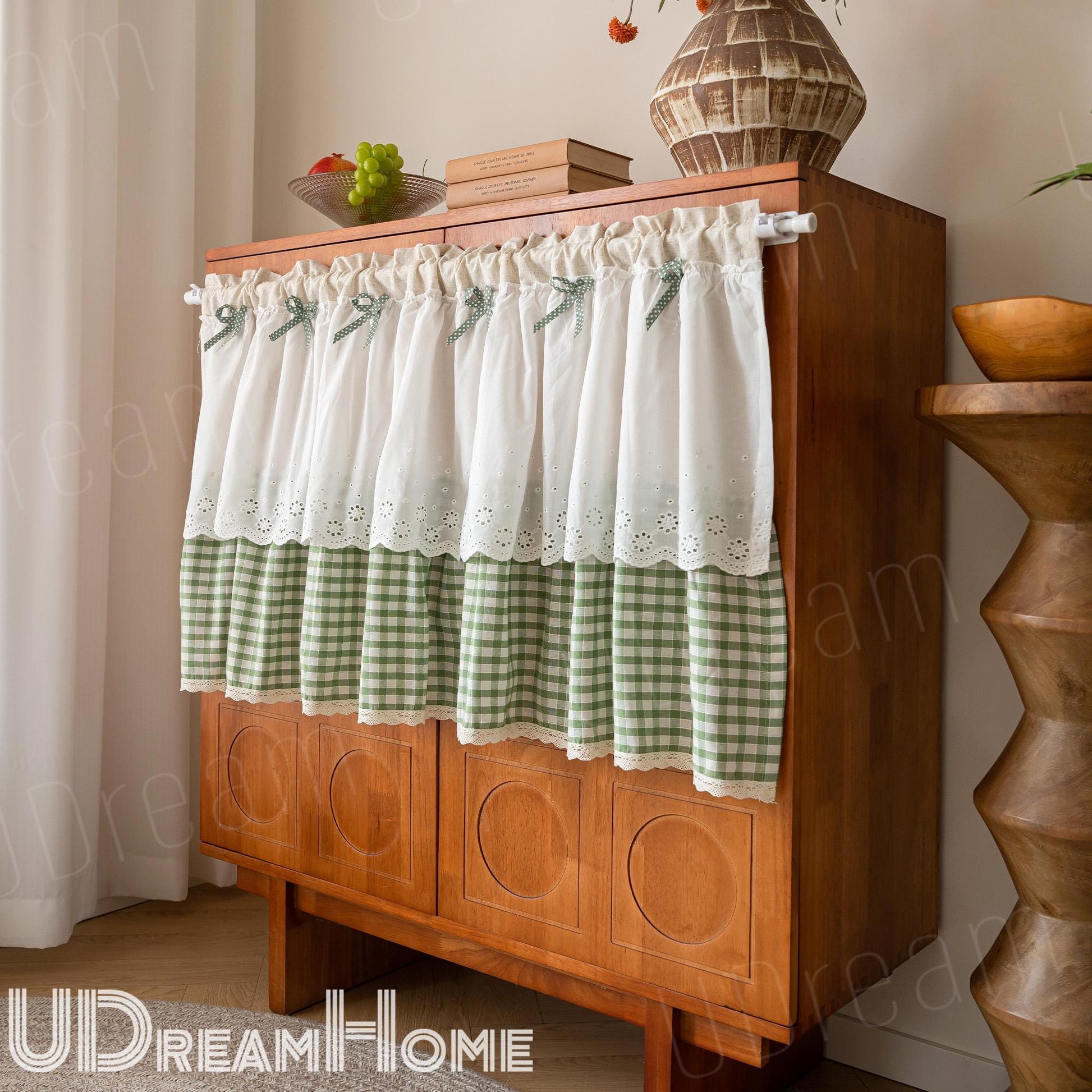Green White Grid Embroidery Lace Flower Half Curtains - UDreamHome