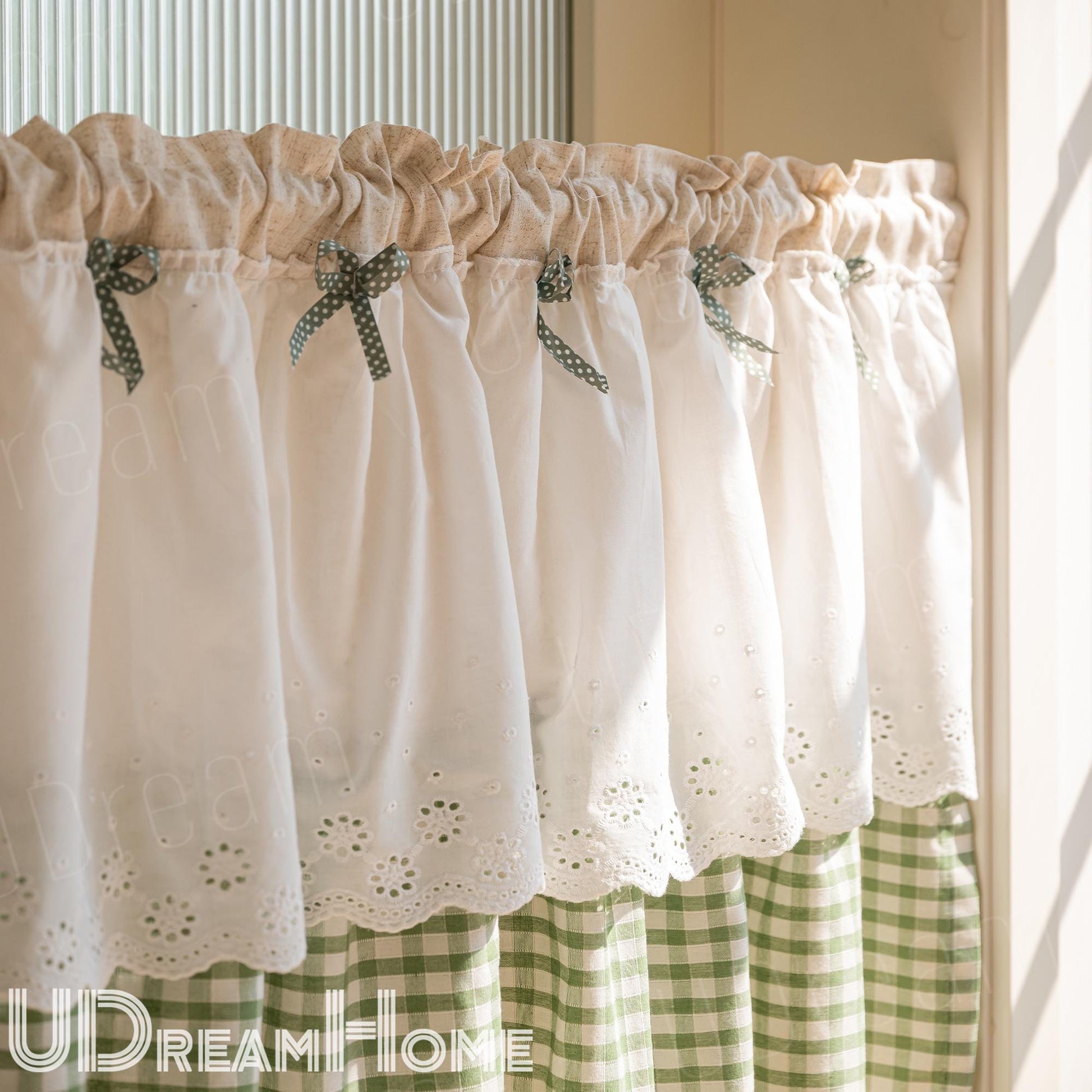 Green White Grid Embroidery Lace Flower Half Curtains - UDreamHome