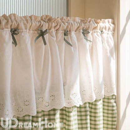 Green White Grid Embroidery Lace Flower Half Curtains - UDreamHome