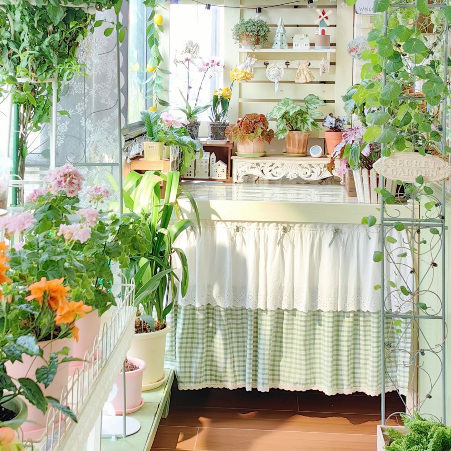 Green White Grid Embroidery Lace Flower Half Curtains - UDreamHome