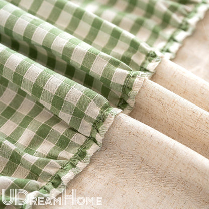 Green White Grid Embroidery Lace Flower Half Curtains - UDreamHome