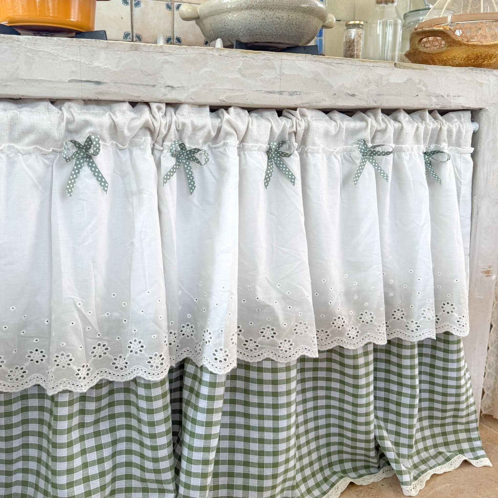 Green White Grid Embroidery Lace Flower Half Curtains - UDreamHome