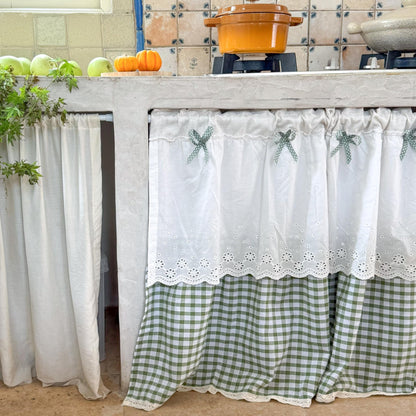 Green White Grid Embroidery Lace Flower Half Curtains - UDreamHome