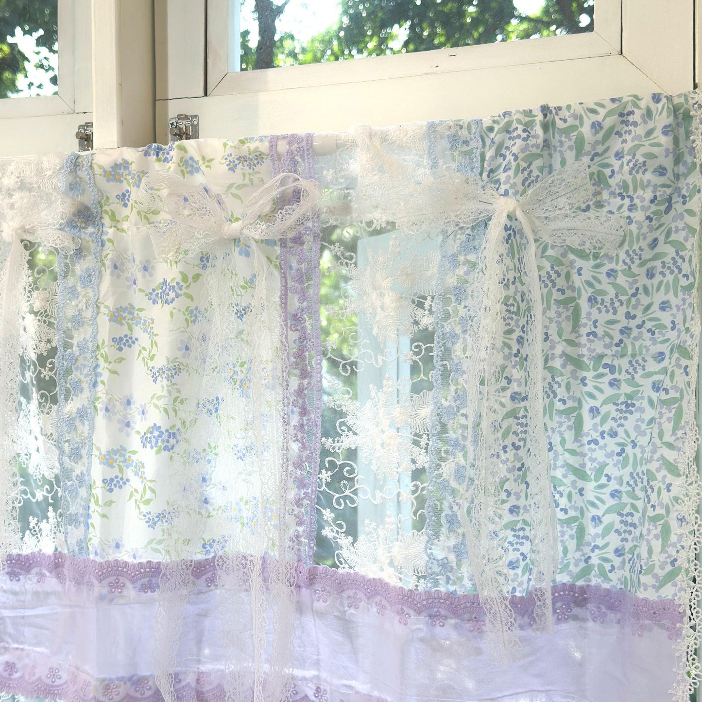 Handmade Blue & Purple Patchwork Lace Curtain Valance - UDreamHome