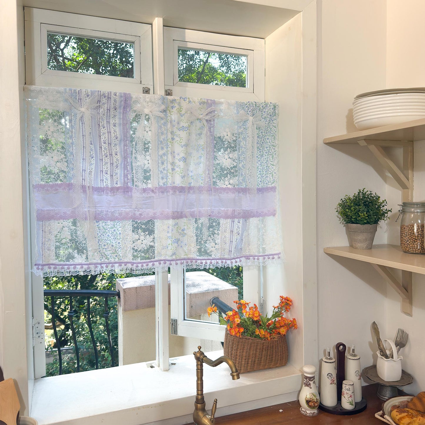 Handmade Blue & Purple Patchwork Lace Curtain Valance - UDreamHome