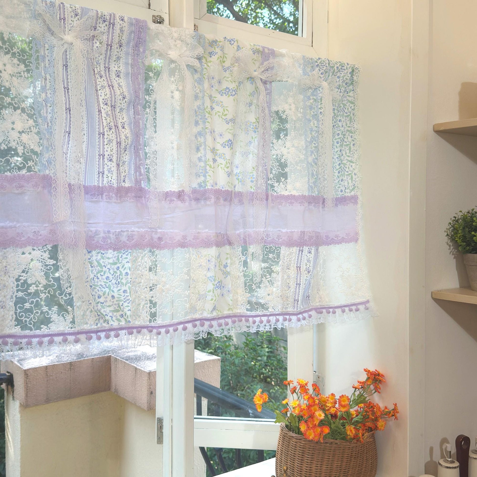 Handmade Blue & Purple Patchwork Lace Curtain Valance - UDreamHome