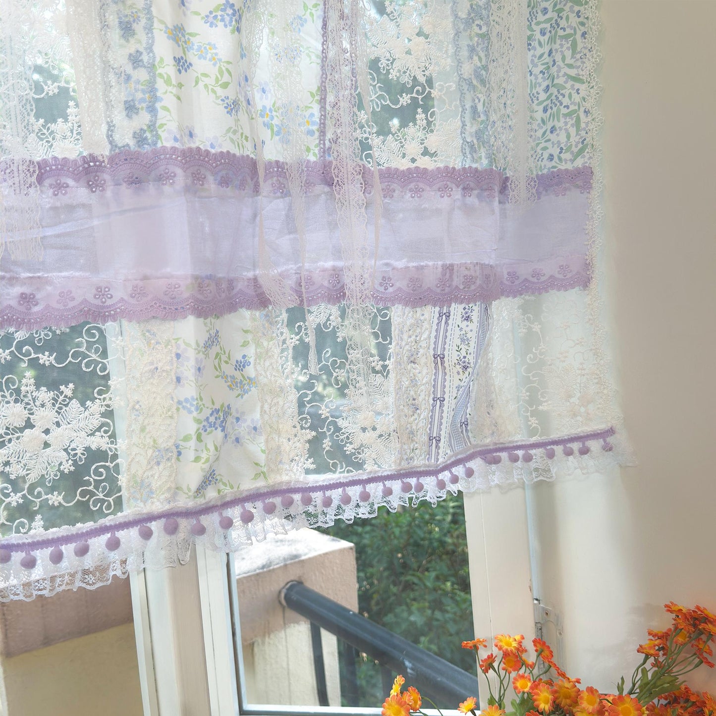 Handmade Blue & Purple Patchwork Lace Curtain Valance - UDreamHome