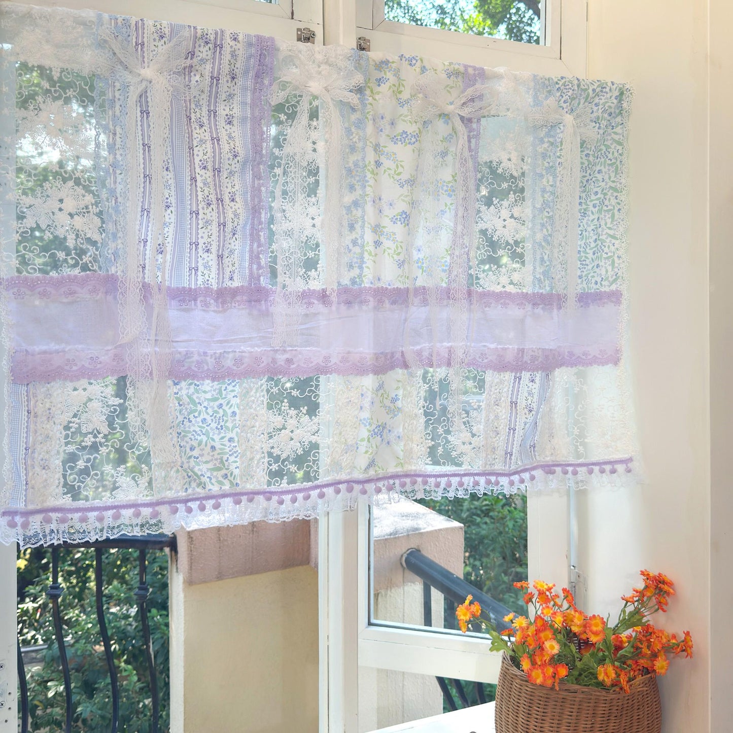 Handmade Blue & Purple Patchwork Lace Curtain Valance - UDreamHome