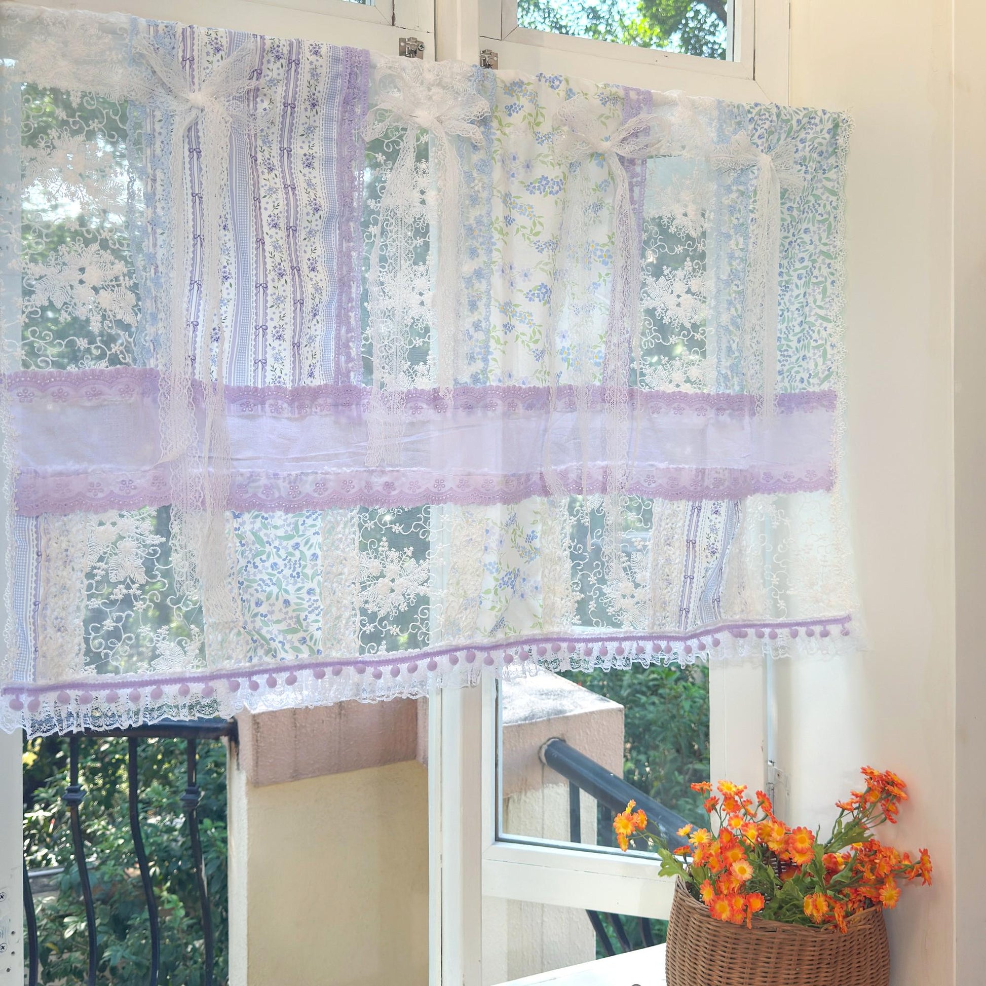 Handmade Blue & Purple Patchwork Lace Curtain Valance - UDreamHome