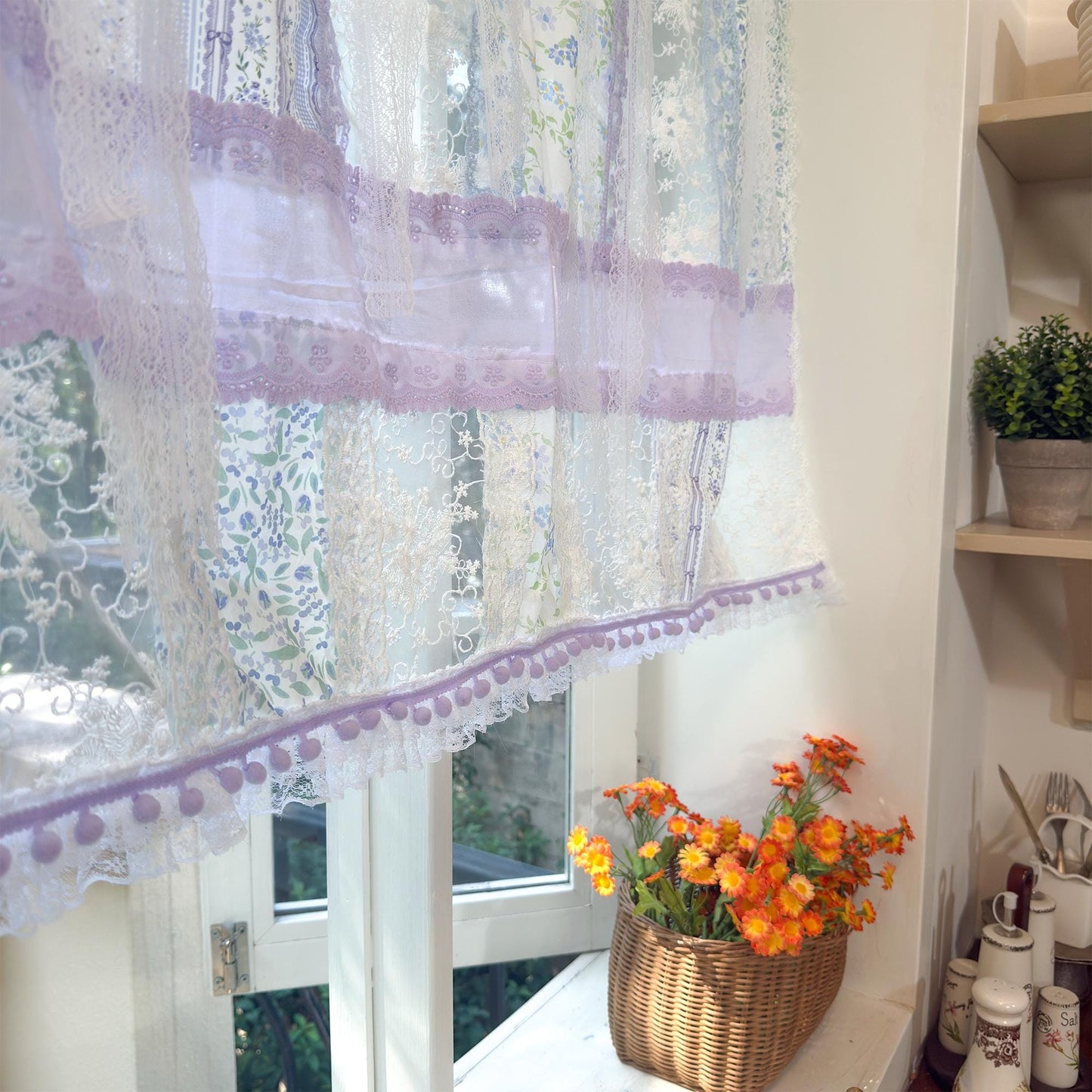 Handmade Blue & Purple Patchwork Lace Curtain Valance - UDreamHome