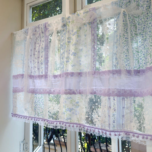 Handmade Blue & Purple Patchwork Lace Curtain Valance - UDreamHome