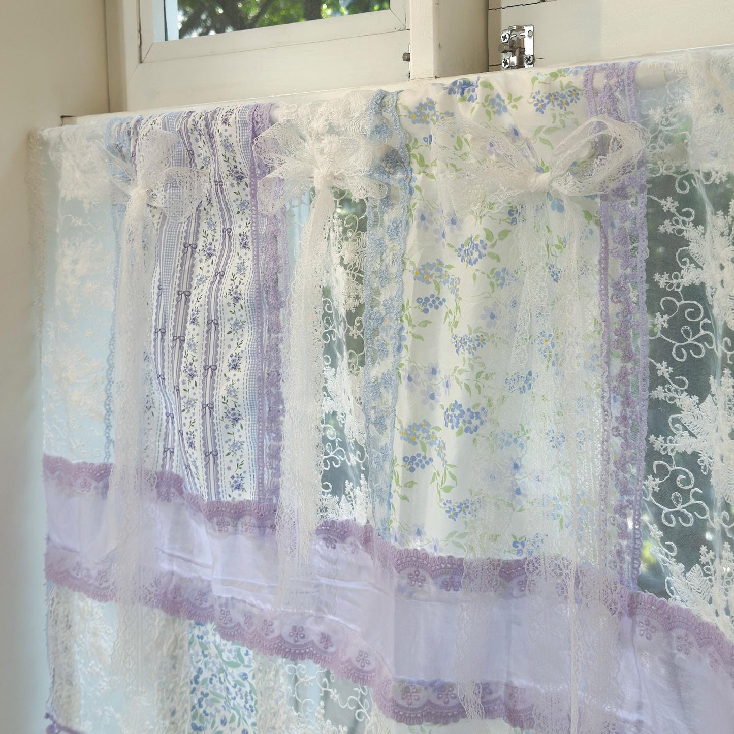 Handmade Blue & Purple Patchwork Lace Curtain Valance - UDreamHome