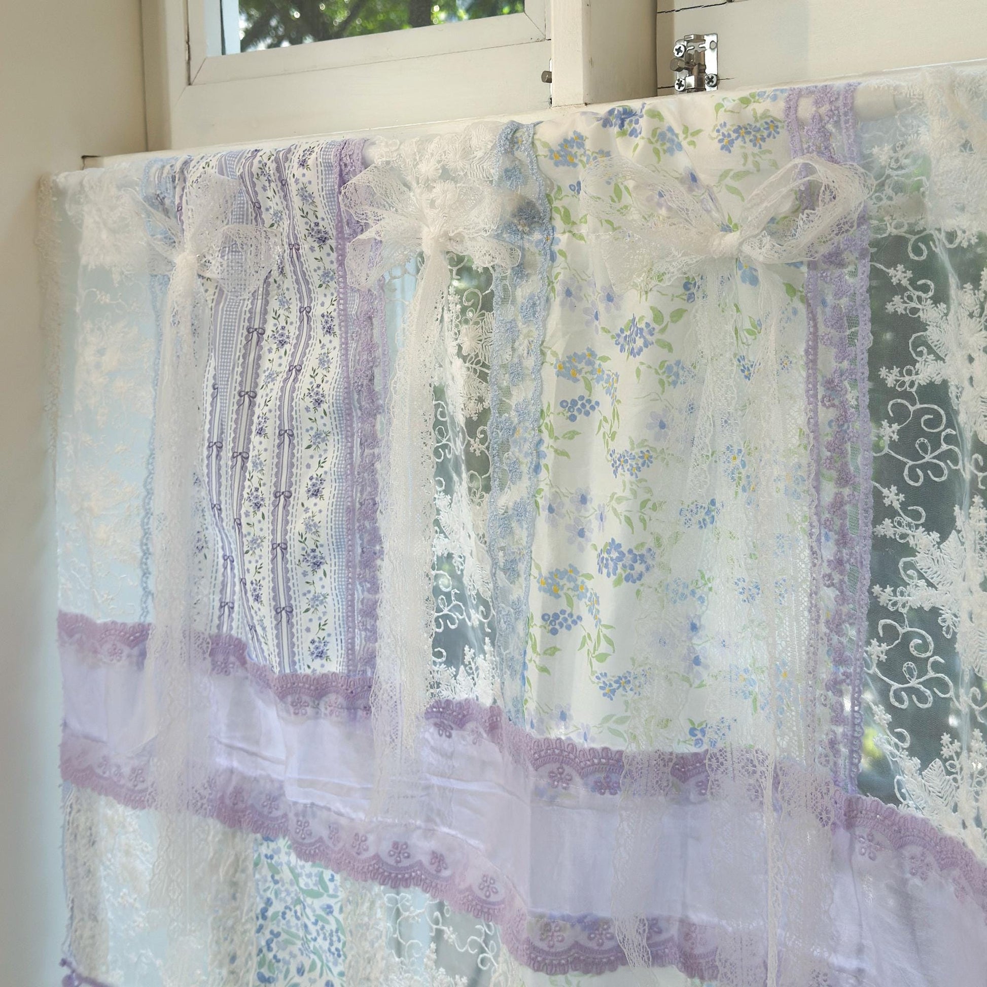 Handmade Blue & Purple Patchwork Lace Curtain Valance - UDreamHome